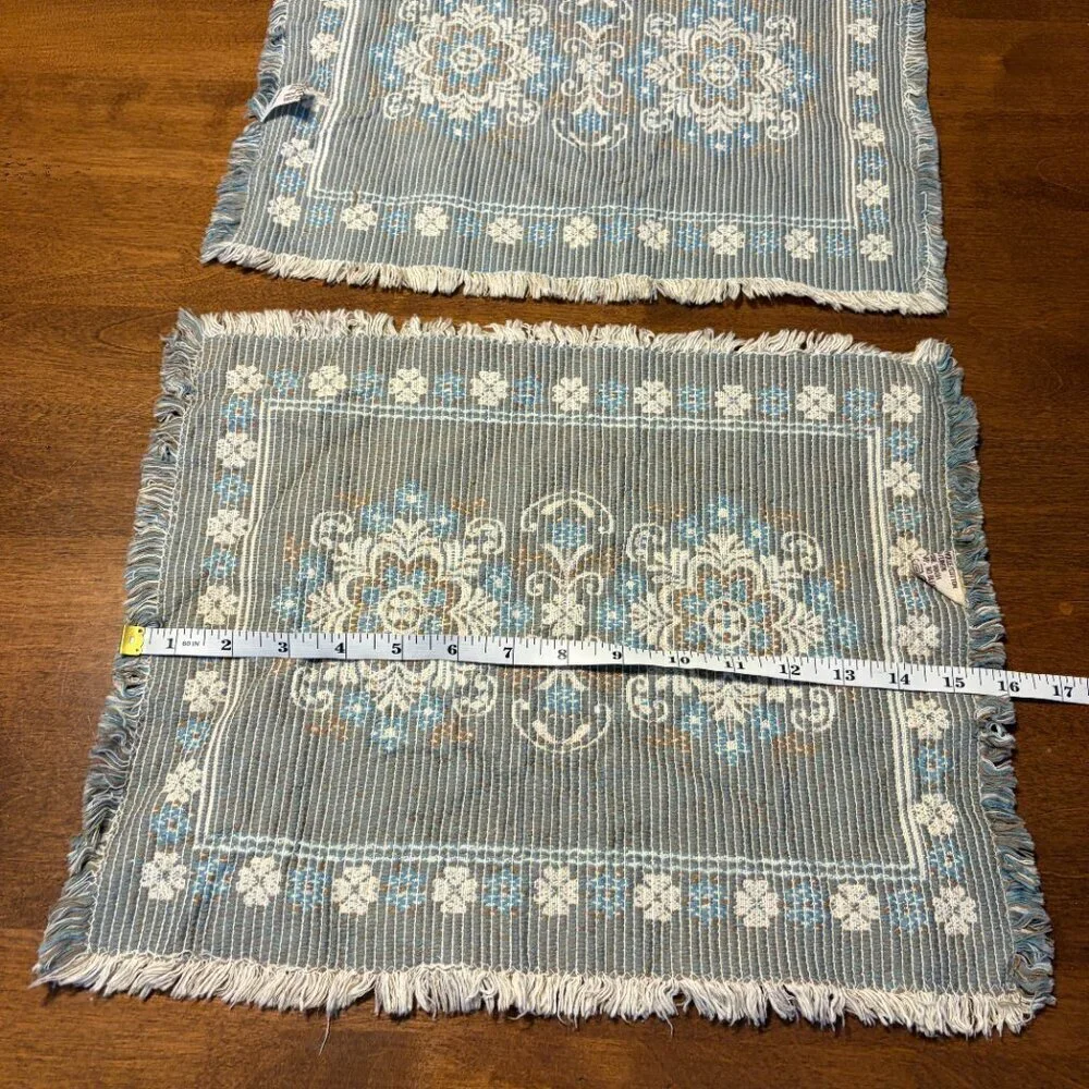 Vintage Austrian placemats cotton linen cream blue fringe set of 2 embroidered